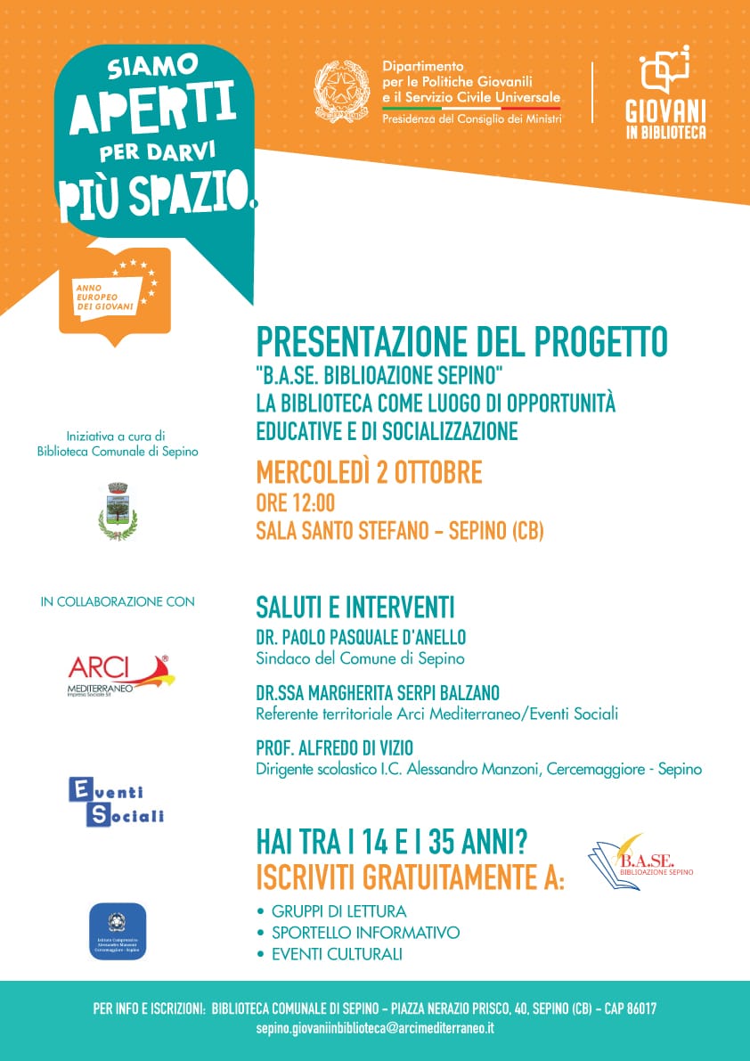 Al via il Progetto “B.A.SE. BIBLIOAZIONE SEPINO”, evento Mercoledì 2 Ottobre